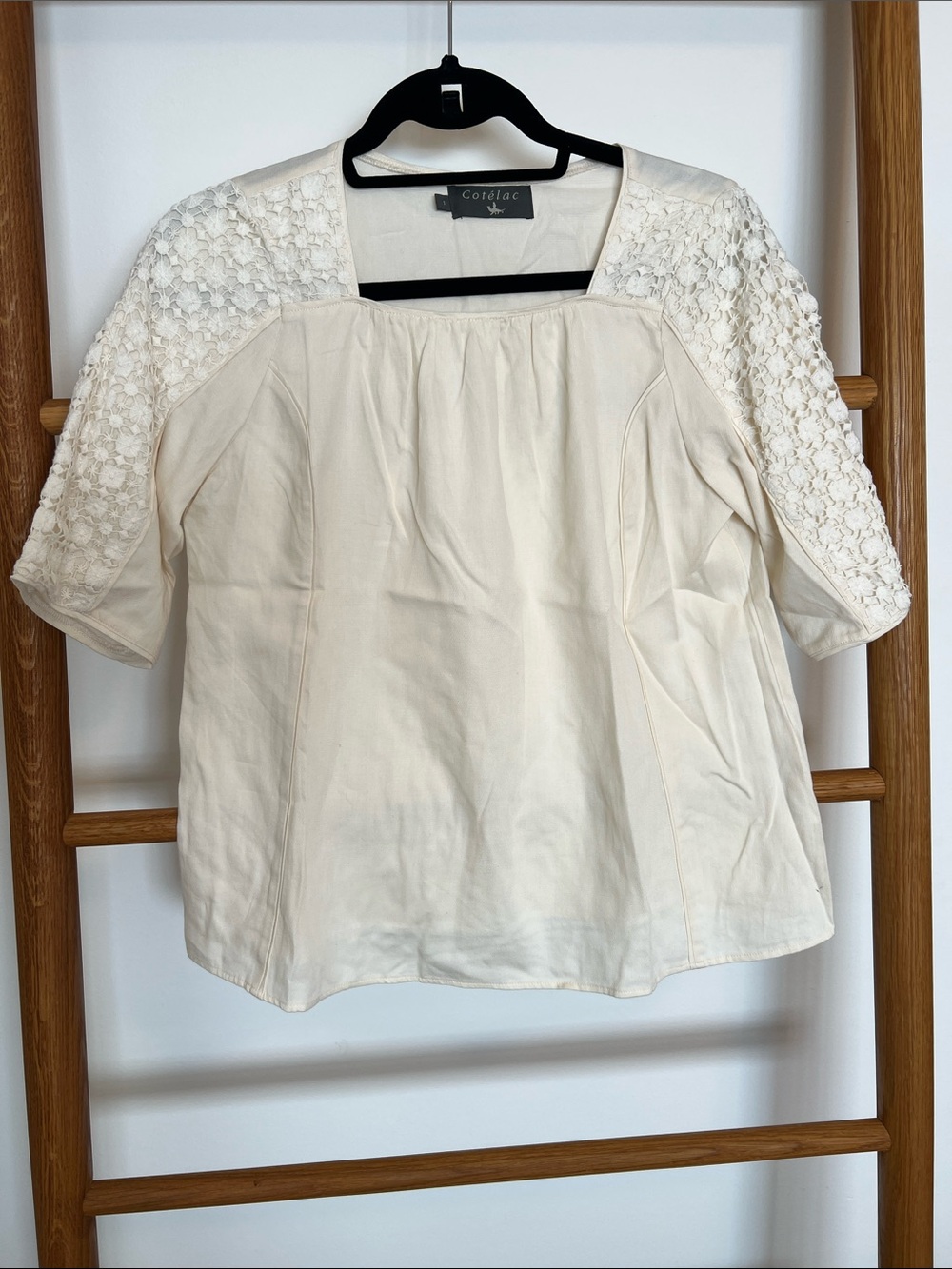 Cotélac Paris Cream Crochet Lace Sleeve Square Neck Blouse Top - Size 1 (S)